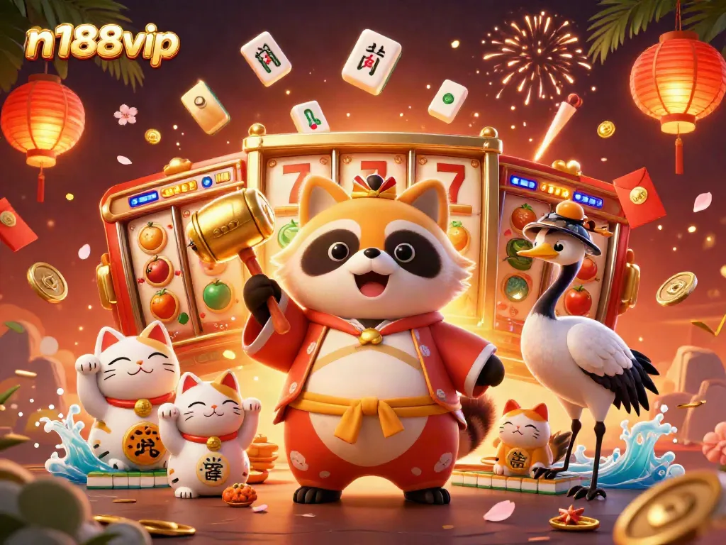 Experience gaming excitement with n188vip in a vibrant 3D casino scene featuring colorful characters and festive elements.