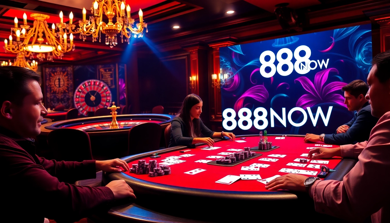 Players strategizing at a poker table, showcasing 888NOW's thrilling gaming atmosphere with chips and cards.