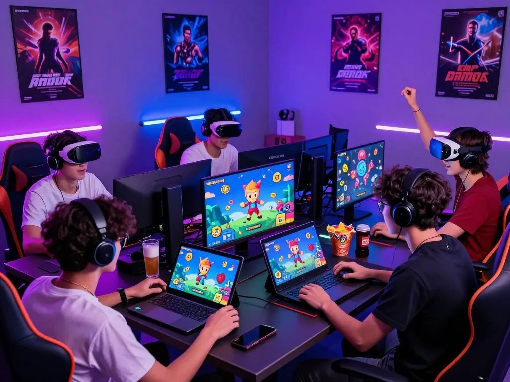Engaged players enjoying porngame titles in a vibrant gaming setup with multiple devices.