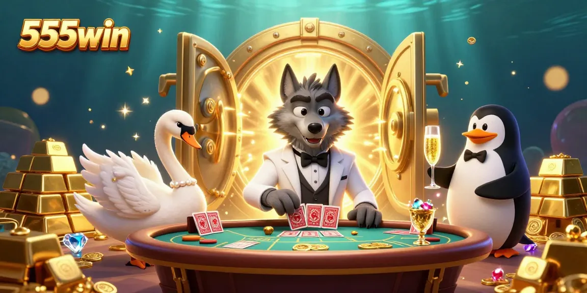 Experience the excitement of 555win with a debonair wolf at a baccarat table surrounded by gleaming treasures.