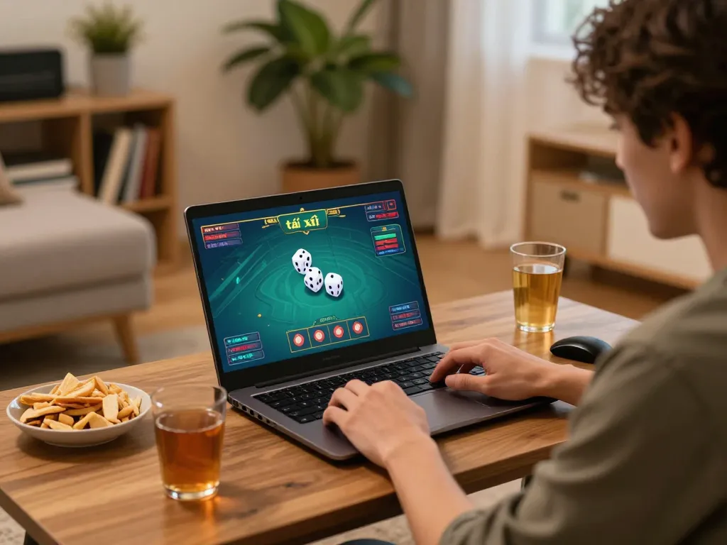 Engaging in tài xỉu online from a cozy home setup with laptop and snacks.