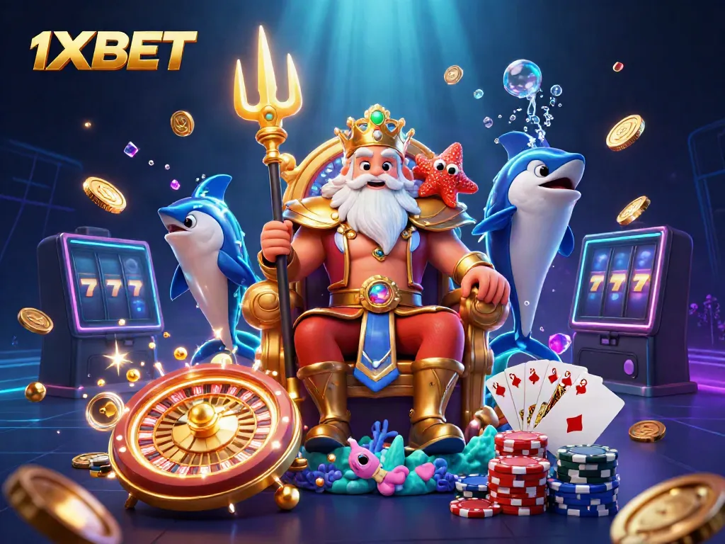 Experience the excitement of 1XBET with Neptune, a swordfish bodyguard, and dynamic casino elements.
