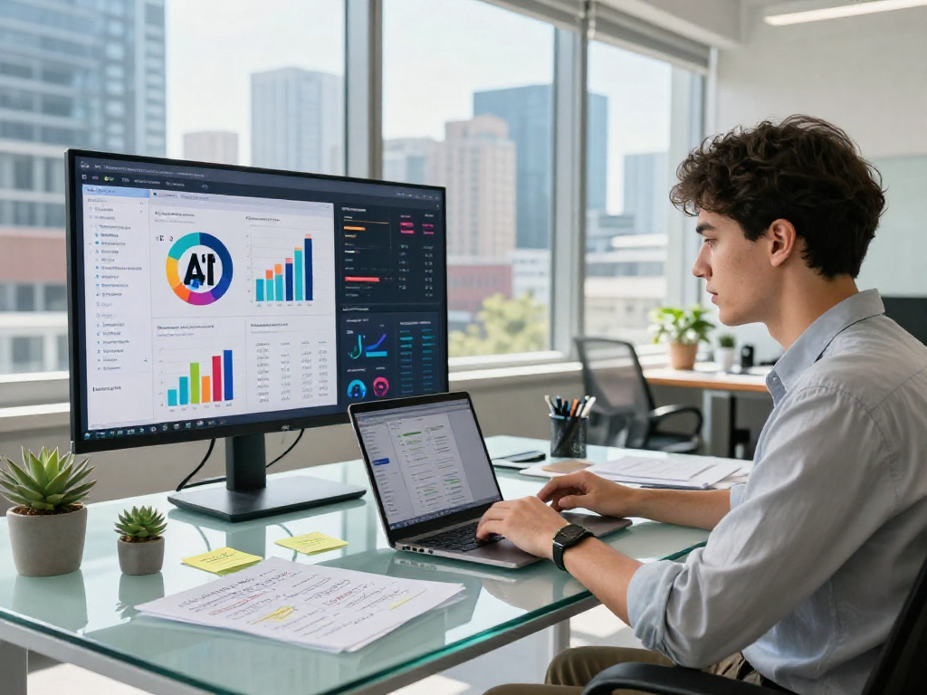 Youthful marketer analyzing juicy ai trends in a modern office setting.