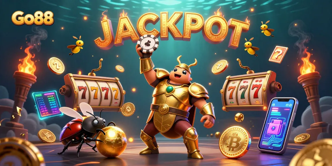 Experience the winning excitement at Go88 with a 3D illustration of a hercules beetle lifting a poker chip in a vibrant casino scene