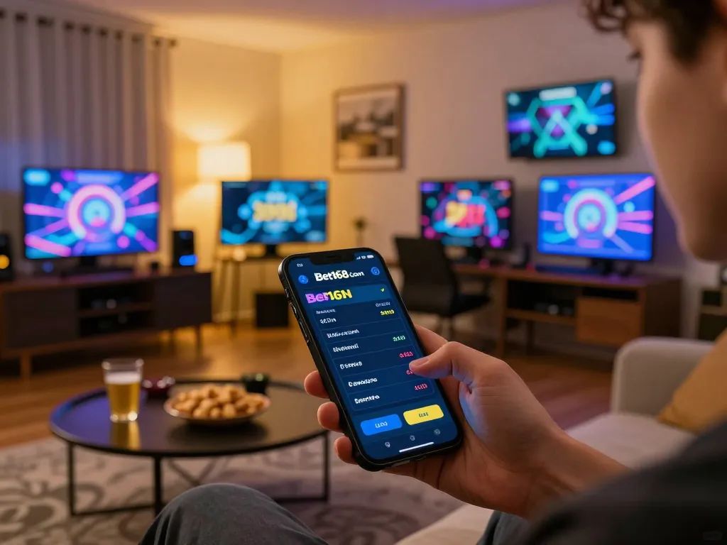 Engaging moment using Bet168 com app for online betting in a cozy home environment.