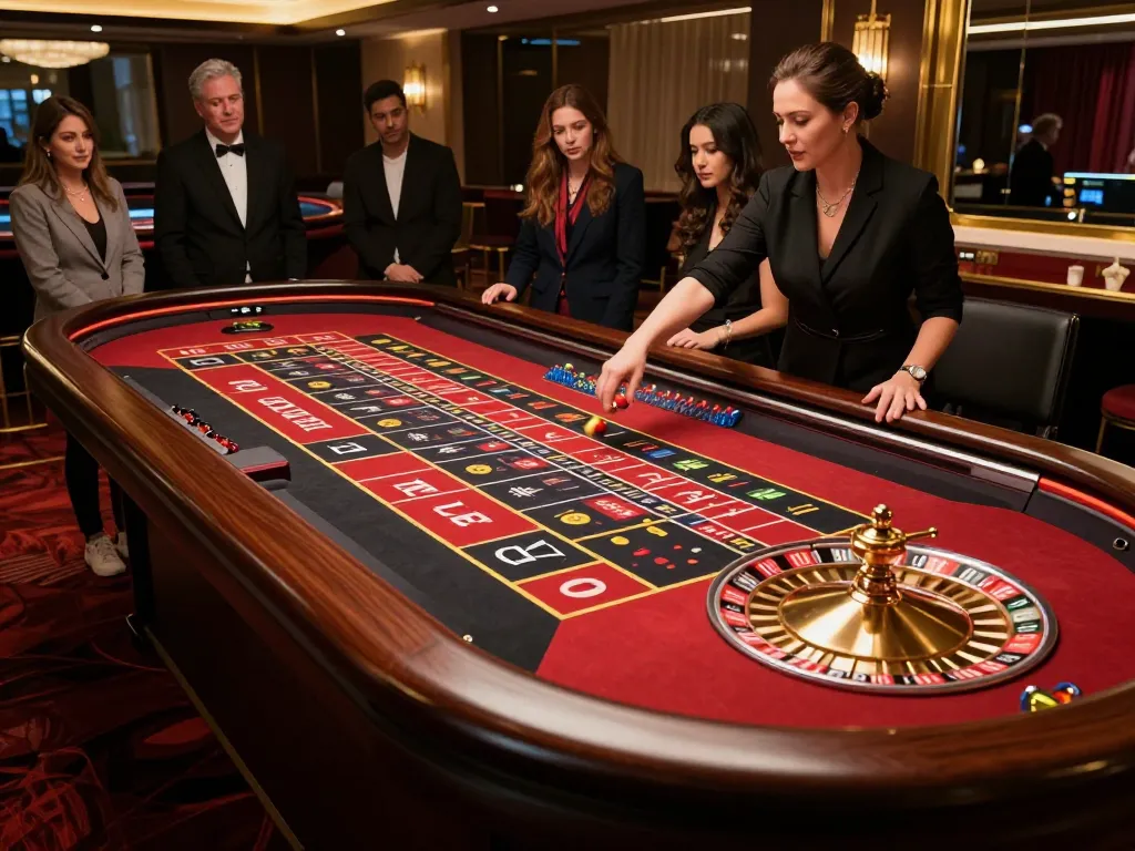 Experience thrilling gameplay at trang chủ Net88 with an elegant roulette table and engaged players.
