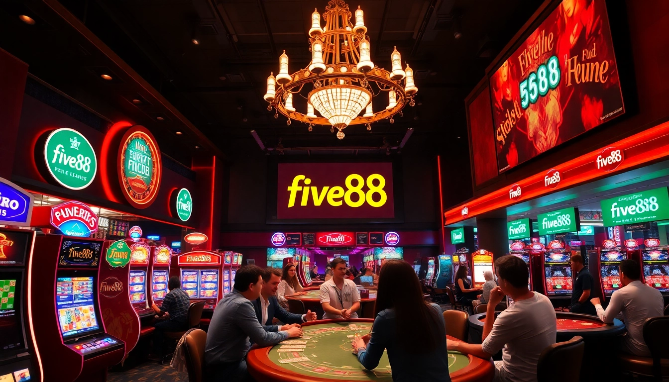 Excited players enjoying casino games at a five88 branded gambling establishment.