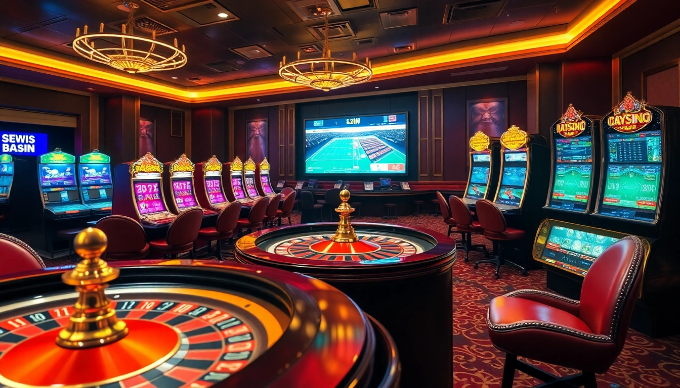 An engaging casino scene featuring 33win com with a roulette wheel, poker chips, and vibrant slot machines.