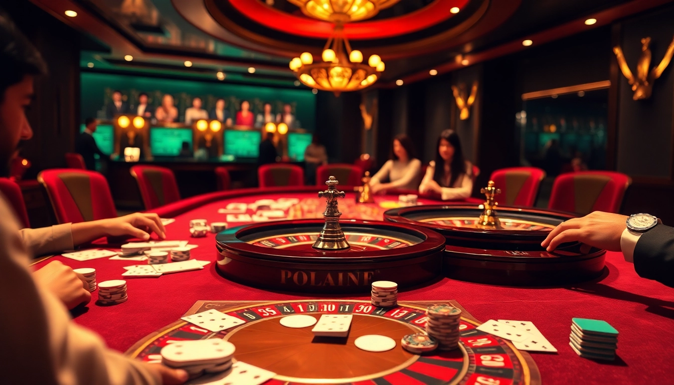Experience the thrill of online betting at dom88.us.com with a vibrant casino scene showcasing poker and roulette.
