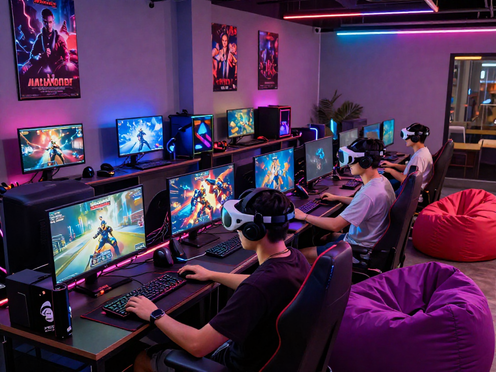 Engaged gamers playing porn games in a colorful digital lounge with VR gear.