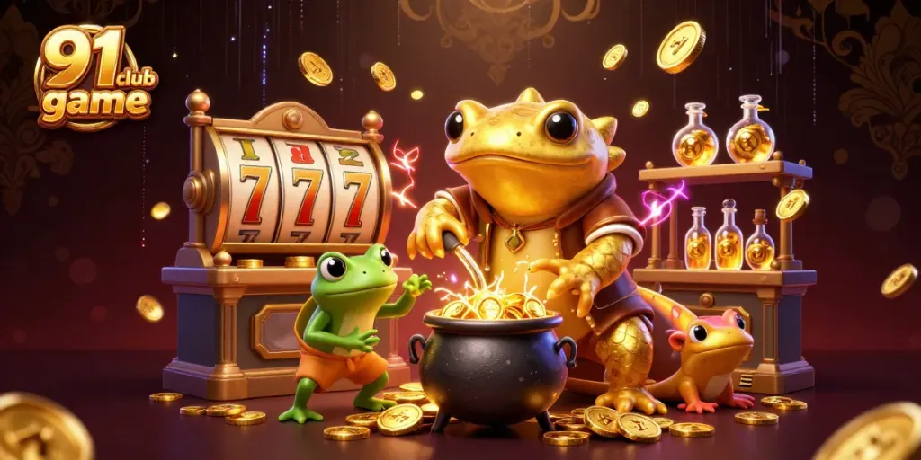 Engage with the thrilling 91 club game as gold coins flow from an alchemist in a magical scene.