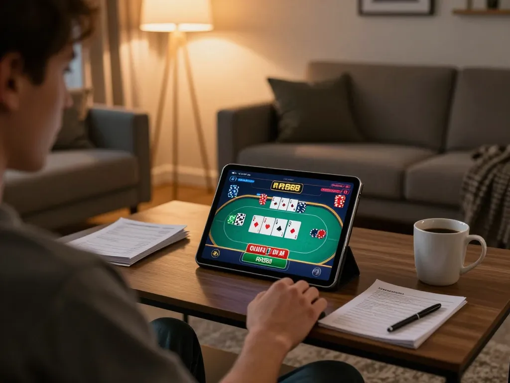 Engaged gamer exploring RR88 online betting options on a tablet in a cozy home setup