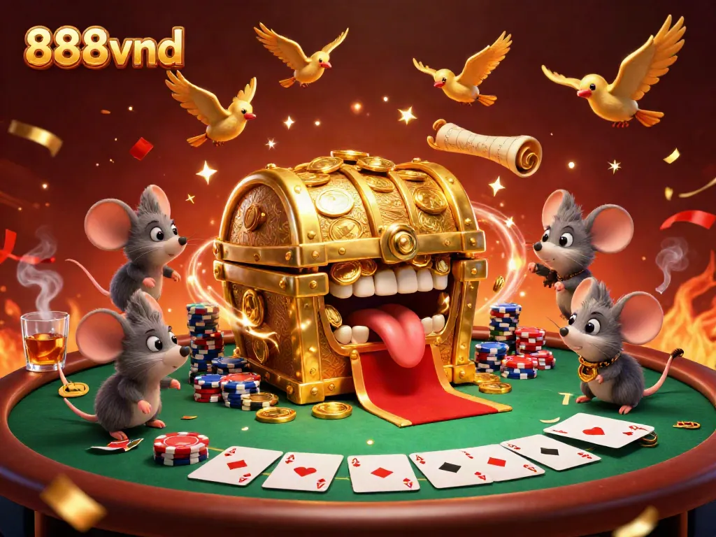 Engage in exciting gambling with 888vnd showcasing treasure chest, poker, and casino action.