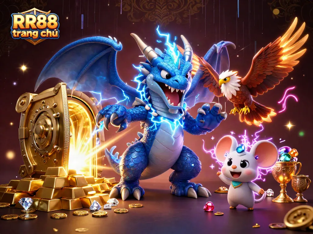 Experience the excitement of RR88 trang chủ with vibrant casino-themed characters and elements showering riches.