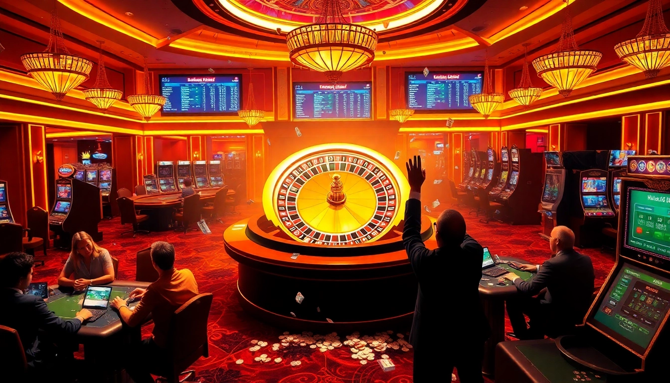 Players celebrating their wins at the casino with ib88-themed betting slips and poker chips.