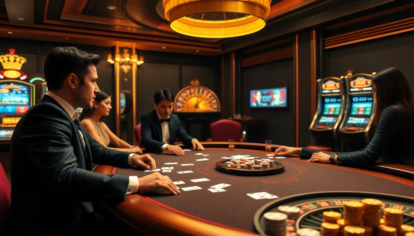 Gamble responsibly at https://uu88.casa/ while enjoying a high-stakes poker game with elegant players and vibrant slot machines.