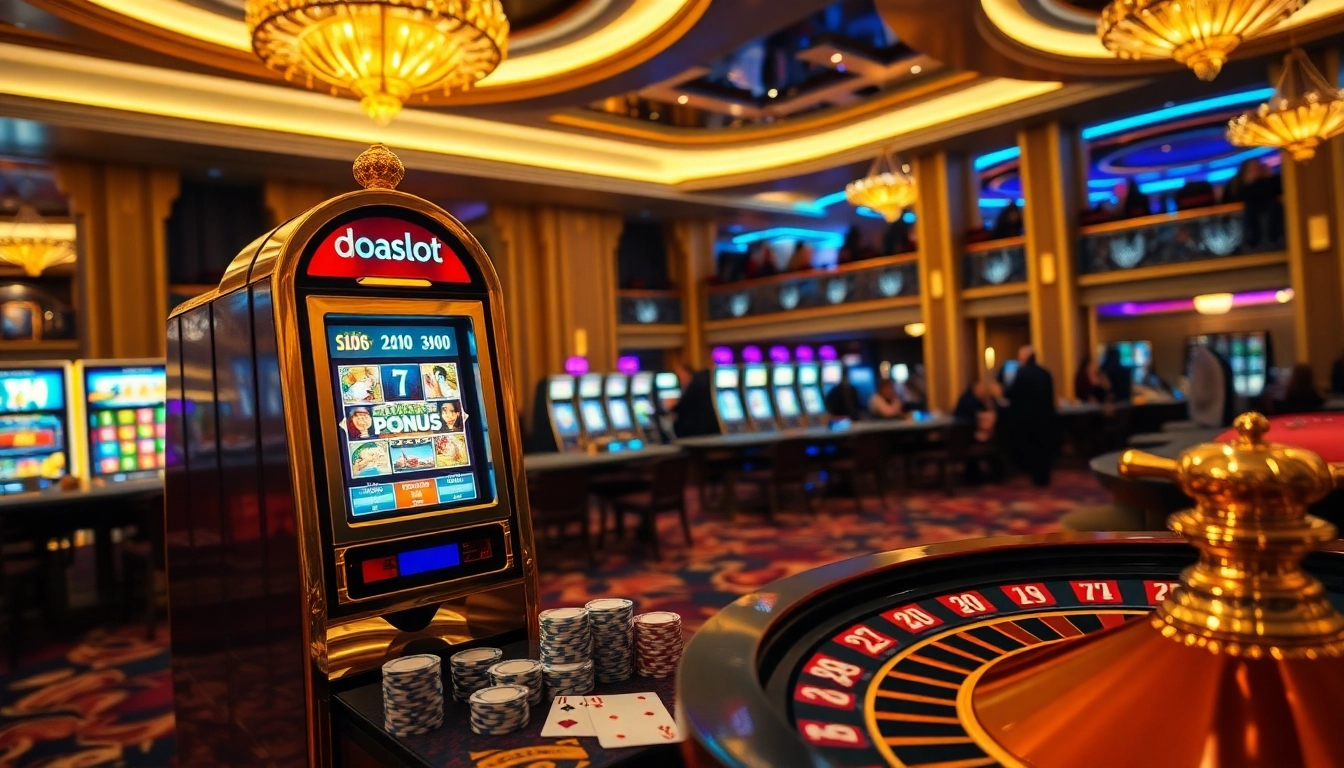 A thrilling gaming scene featuring the doaslot slot machine surrounded by poker chips, cards, and a roulette wheel.