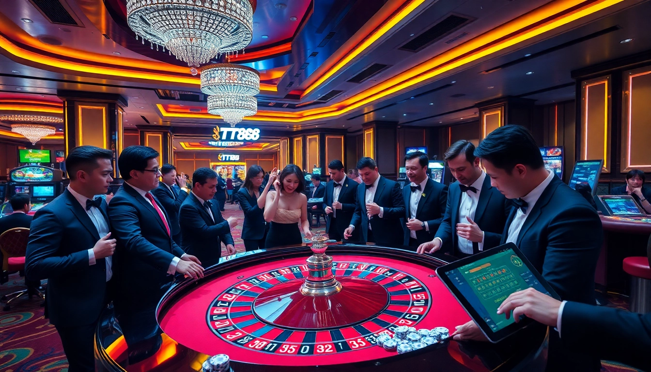 Experience the excitement with TT88 at a luxury casino table, packed with players and action.