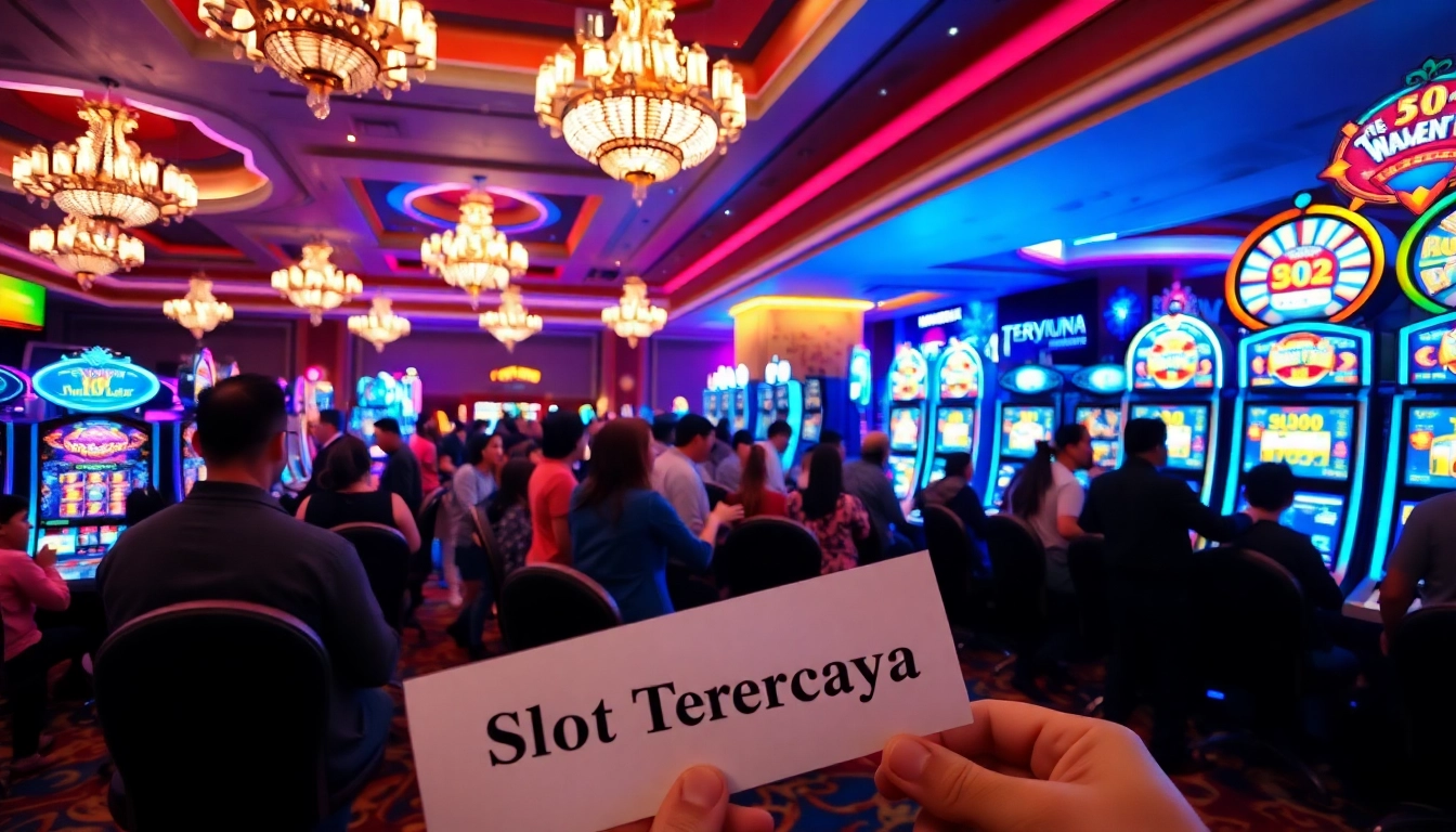 Engaging scene of players enjoying Slot Terpercaya with vibrant slot machines and casino excitement.