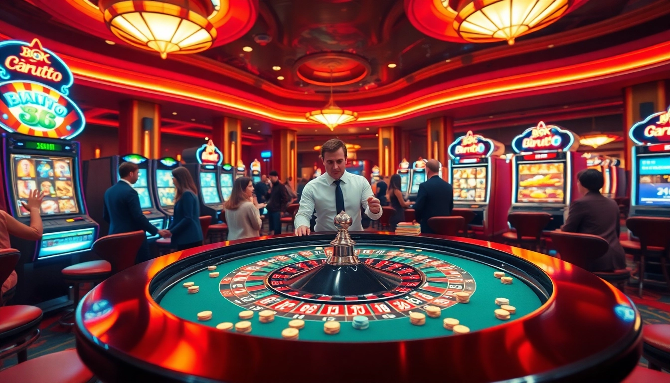 Experience the thrill at a vibrant casino showcasing birutoto, with players at a roulette table, chips, and slot machines.