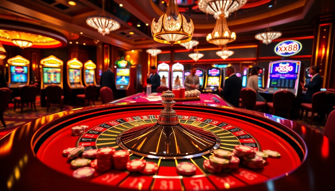 Players enjoying high-stakes games at a stylish casino table featuring xx88 branding and vibrant slot machines.