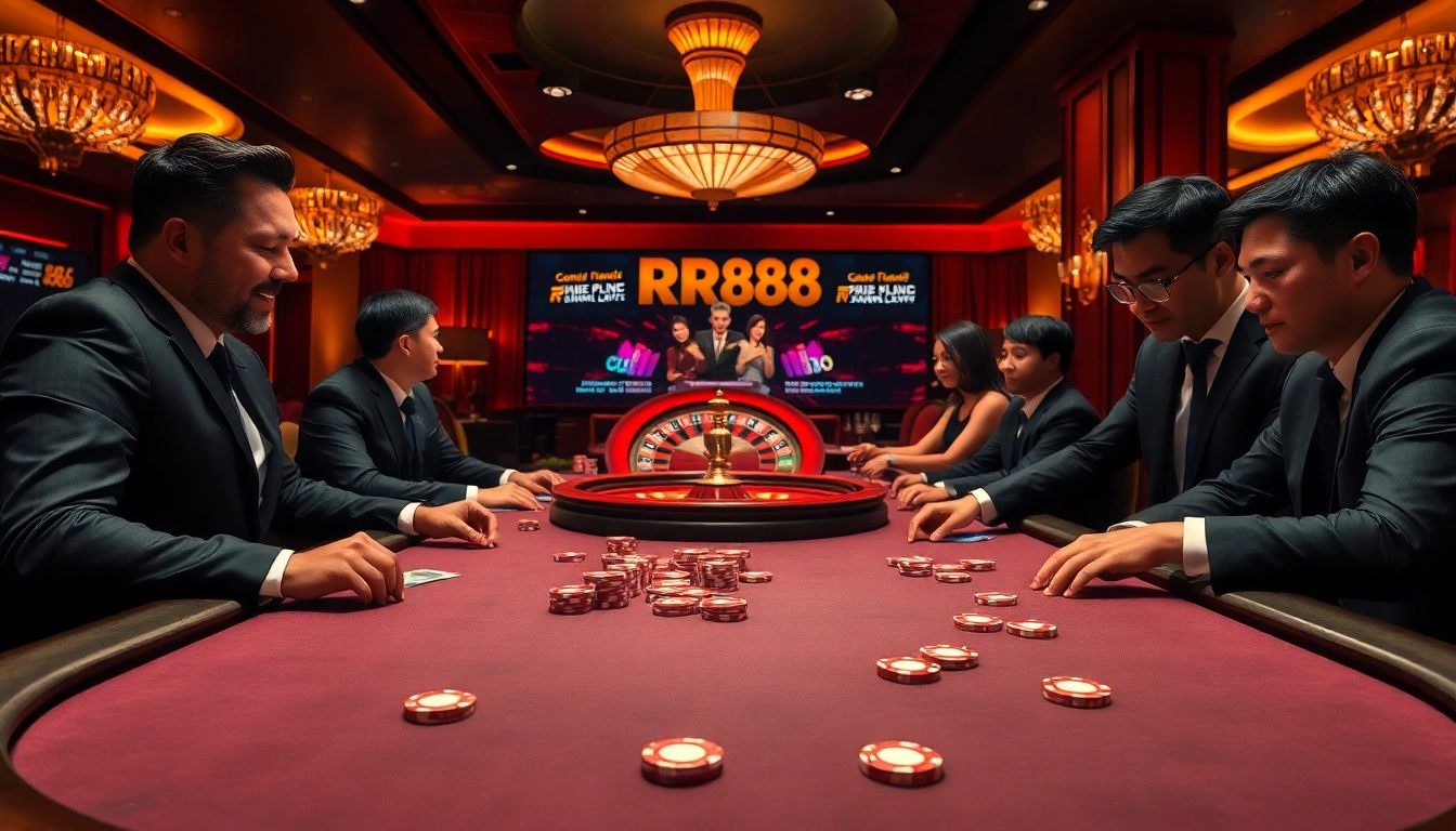 Experience excitement at the RR88 casino table with players competing in a high-stakes poker game.