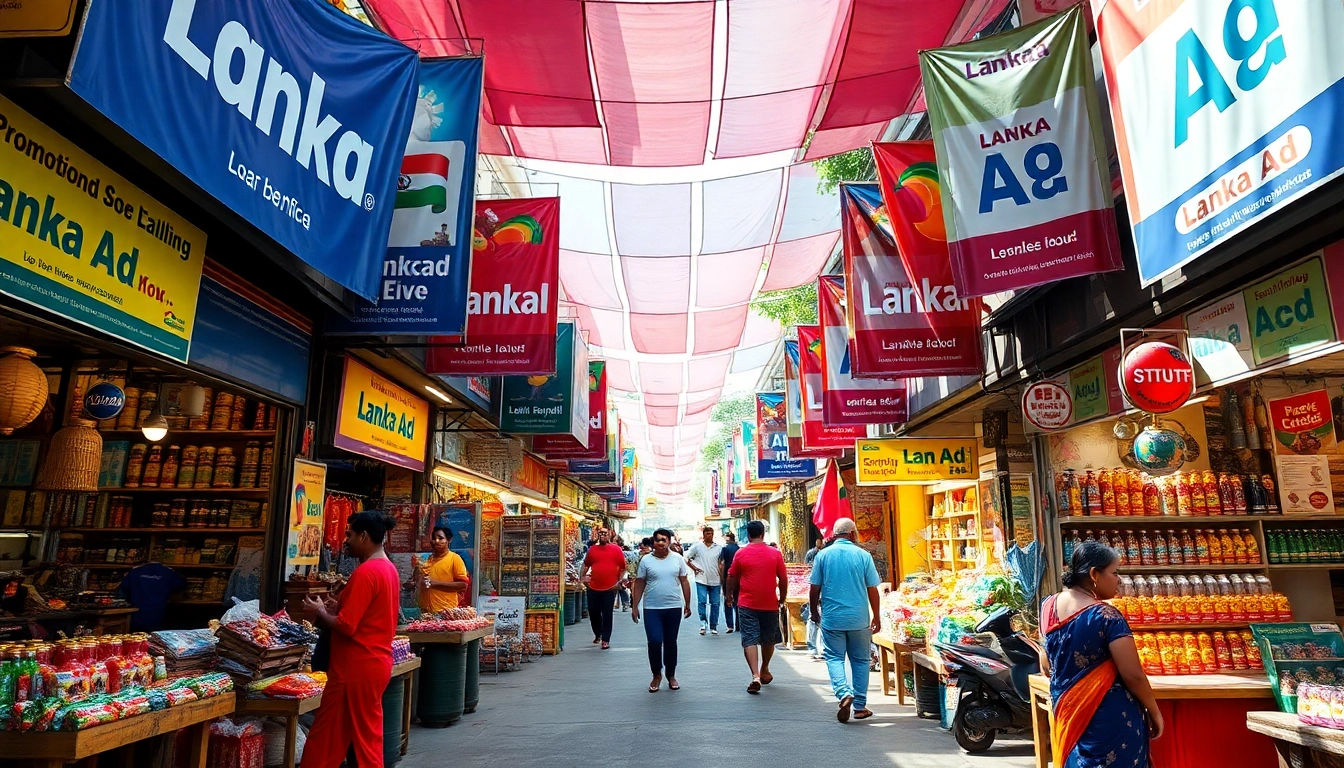Lanka Ad vibrant marketplace scene showcasing local vendors and colorful promotions in Sri Lanka