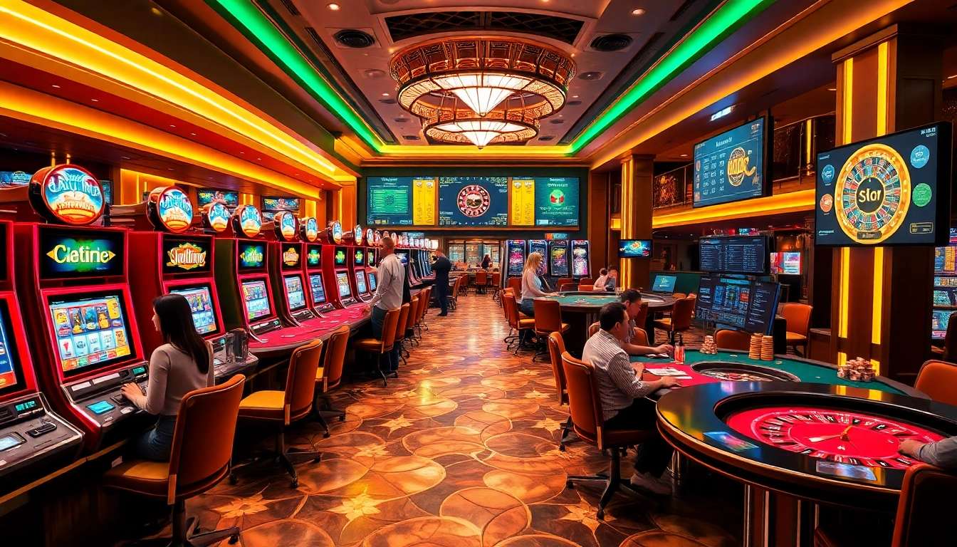 Excited players spin Slot777 machines in a luxurious casino setting.