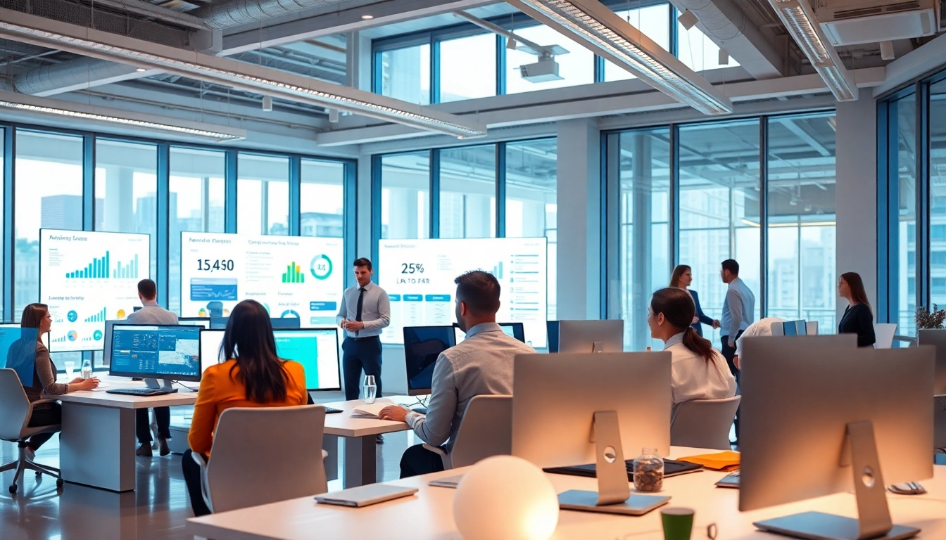 Logo J HR professionals collaborating in a modern office environment, showcasing innovative HR management solutions.