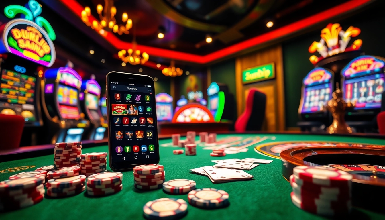 Sumvip app interface displayed on a smartphone among vibrant casino elements, capturing the thrill of gambling.