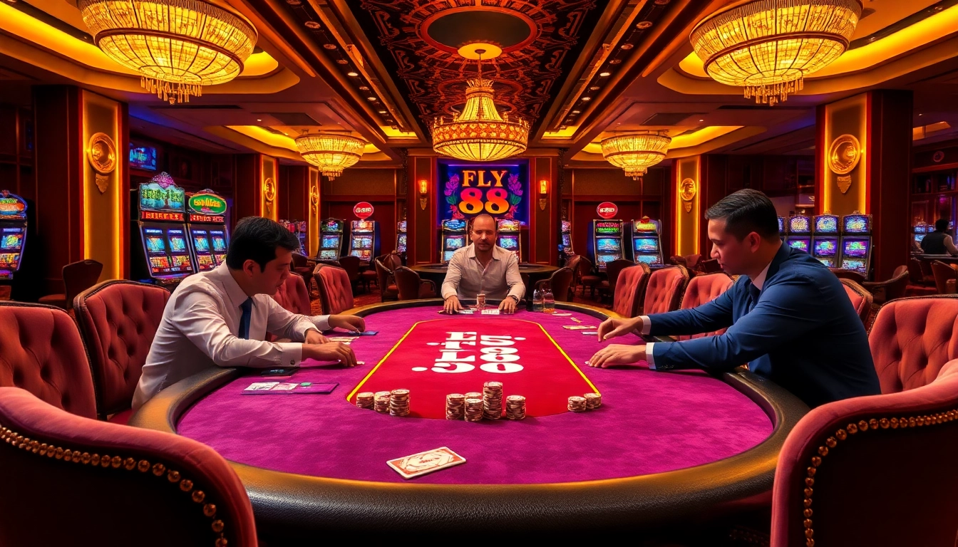 Experience the excitement of FLY 88 with a high-stakes poker game featuring vibrant casino elements.