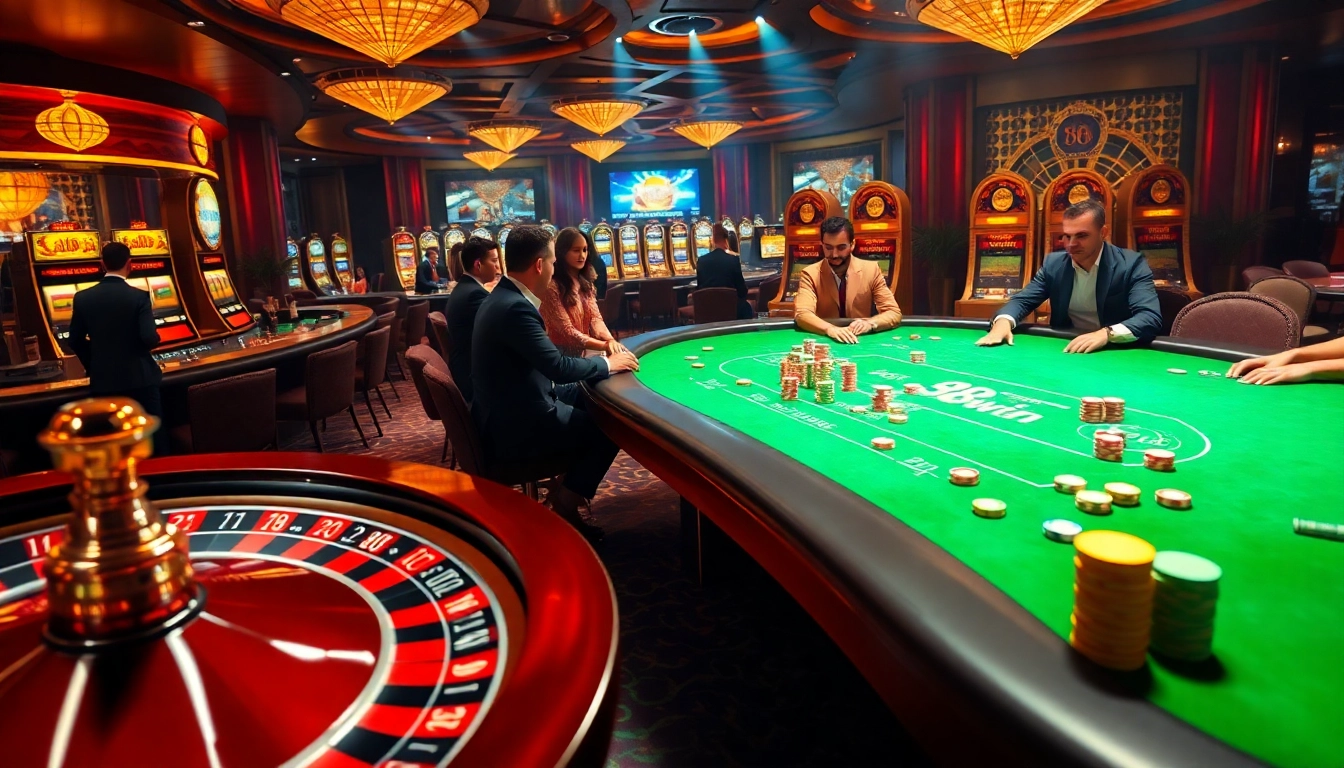 Experience high-stakes gaming at 98win's luxurious casino environment with poker chips and roulette.