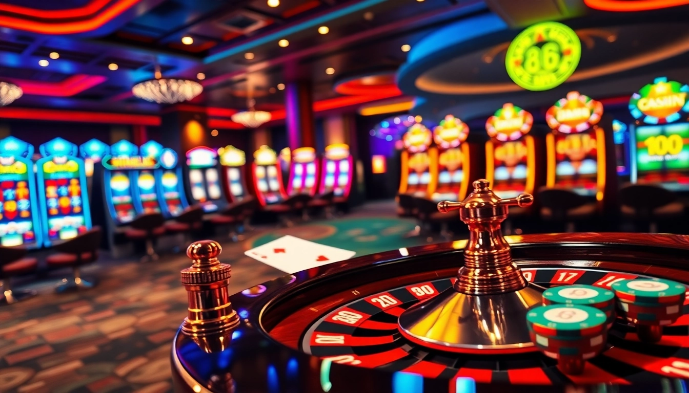 Experience the thrill at trang chu 98win, showcasing a vibrant casino floor with roulette and poker games.