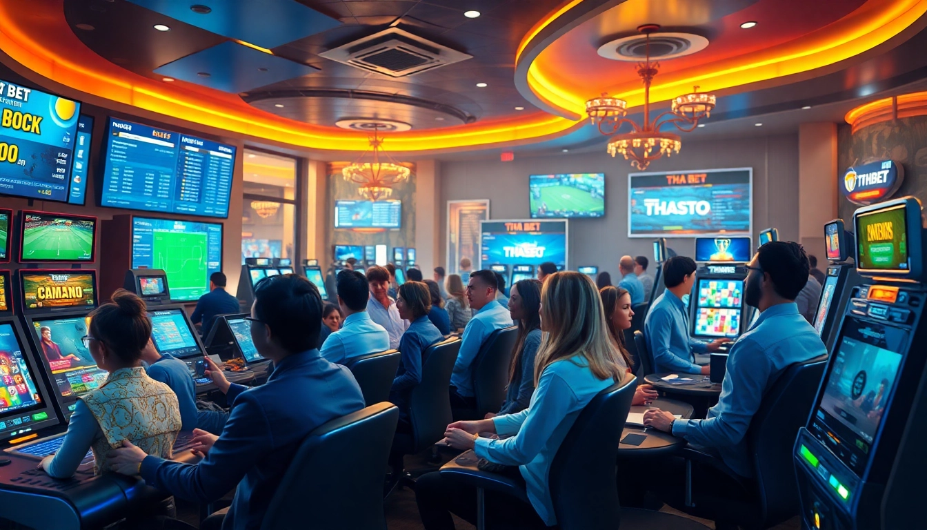 Vibrant gaming scene highlighting THA BET platform with diverse players enjoying online casino and sports betting.