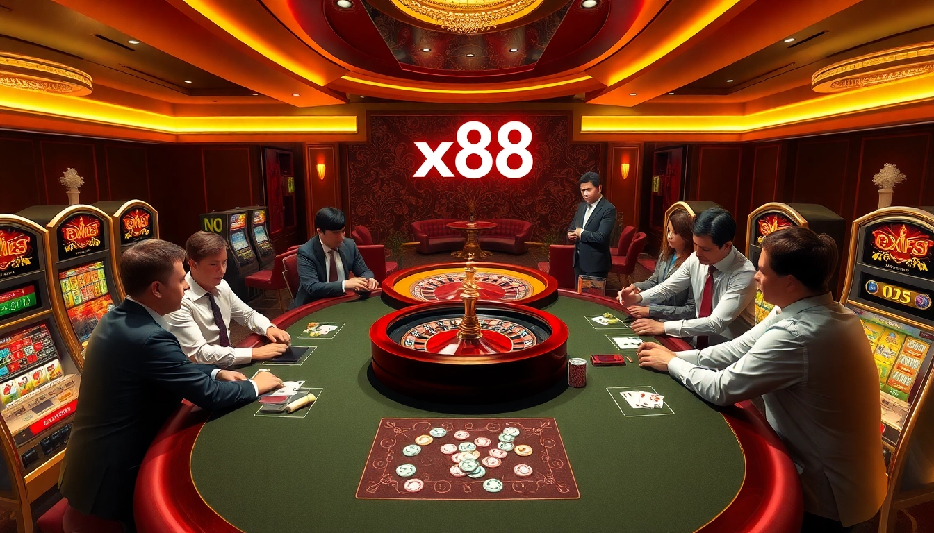 X88-themed casino scene featuring poker players and slot machines under luxurious lighting.
