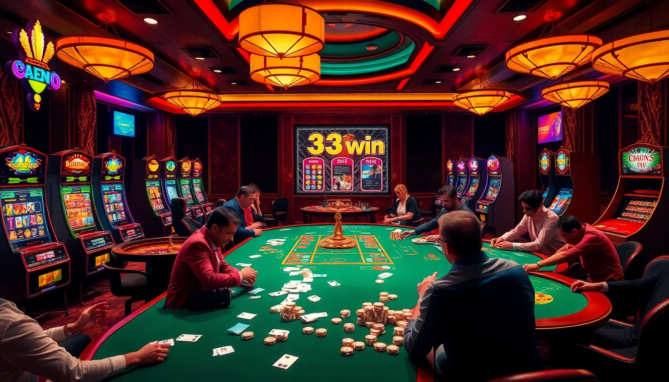 A captivating online gambling scene at 33win com showcasing poker play and vibrant slot machines.