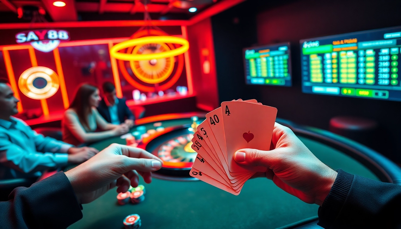 Experience thrilling gaming at say88 casino with vibrant poker tables and roulette action.
