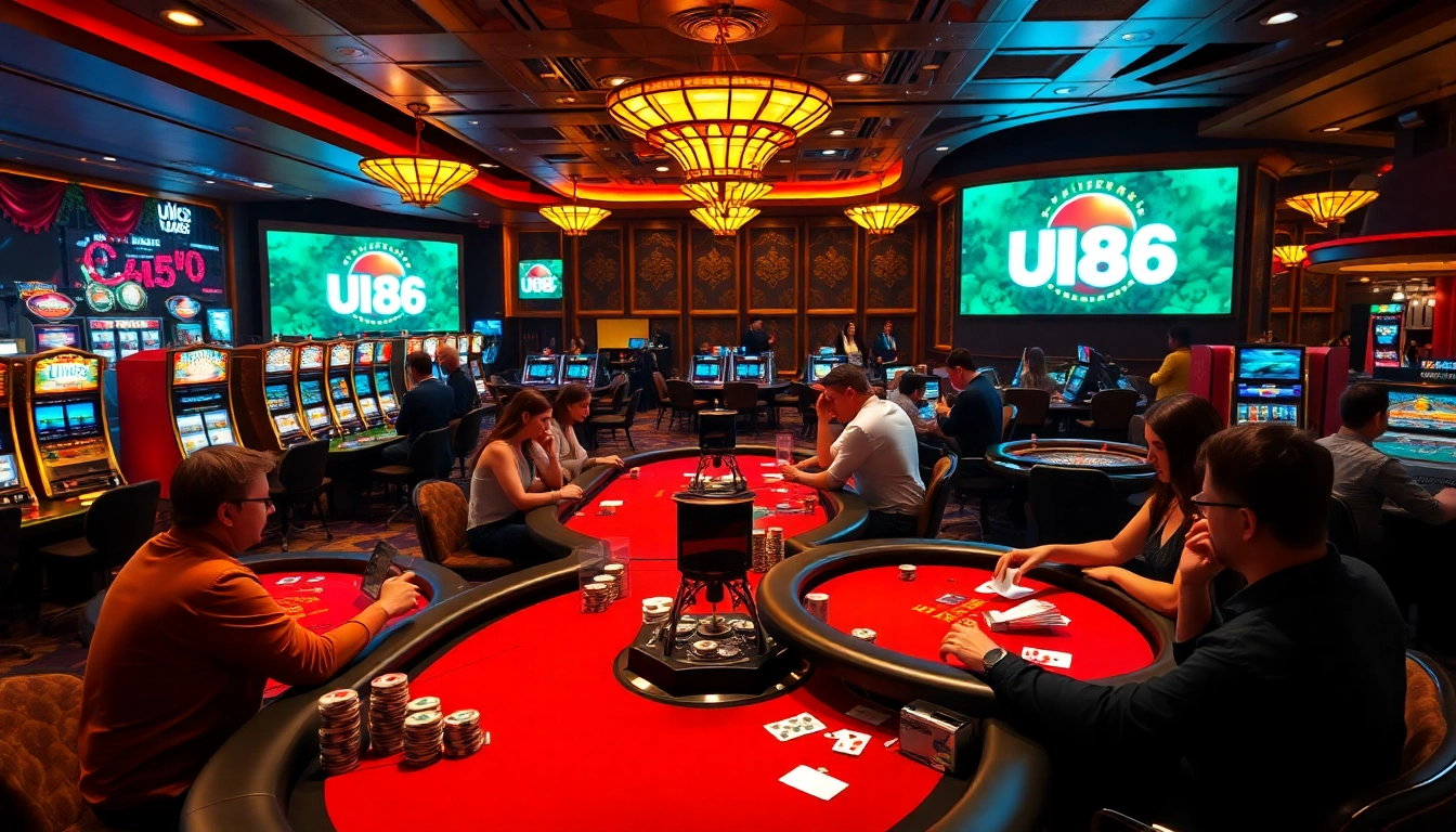 Players engaging in thrilling games at UU88 casino with vibrant tables and rich ambiance.