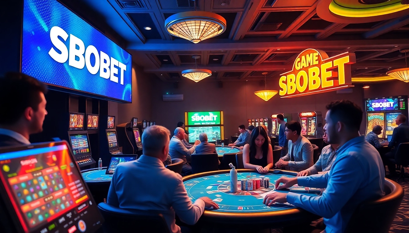 SBOBET online casino scene with diverse players and vibrant interfaces, highlighting sbobet.dance.