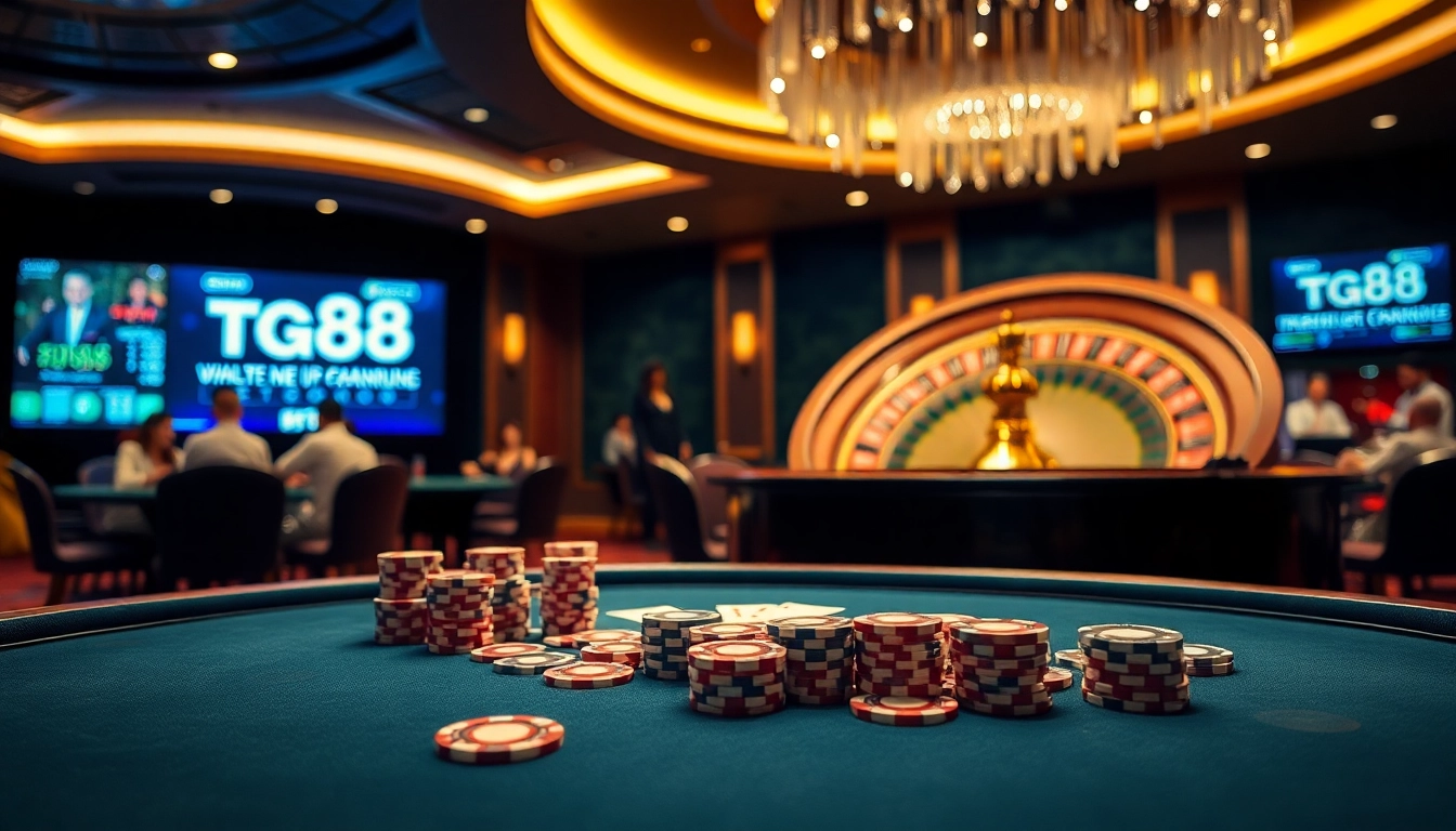 Excited players engage with tg88 poker chips and cards at a luxurious casino table.