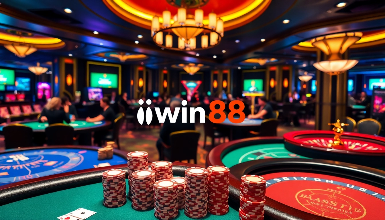 Players enjoying thrilling casino games at iwin68, featuring vibrant poker chips and cards.