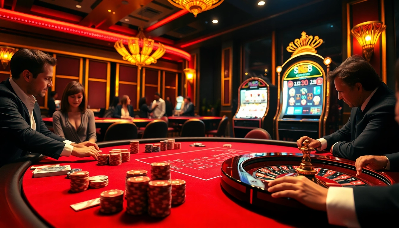 Experience the thrill of MK8 gambling with players at a vibrant poker table and roulette wheel.