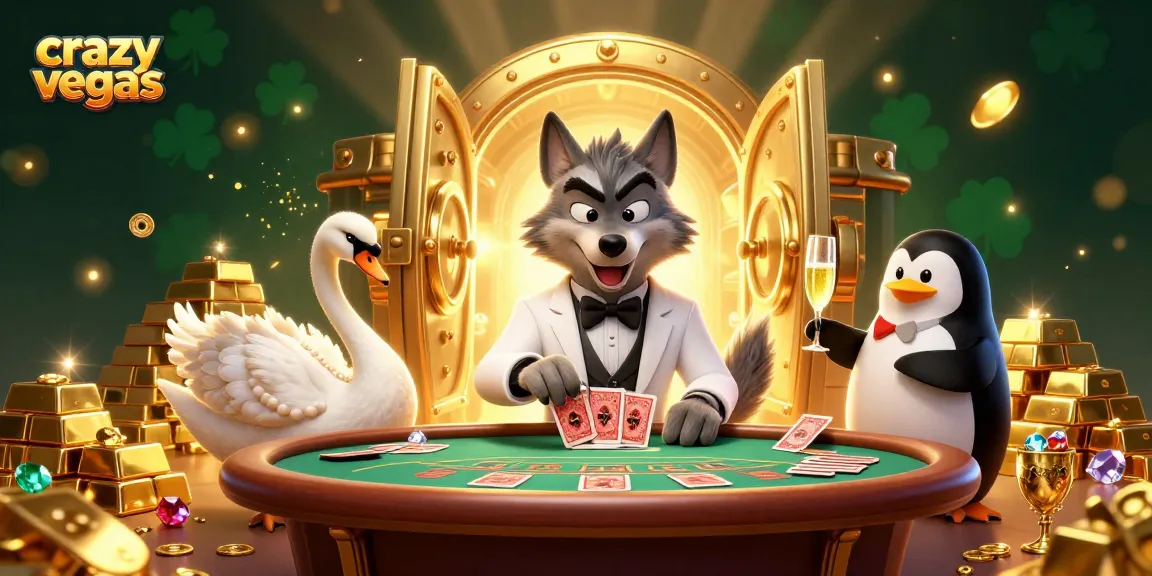Engage with crazyvegas while enjoying baccarat, cards, and overflowing treasures in a vibrant casino scene.